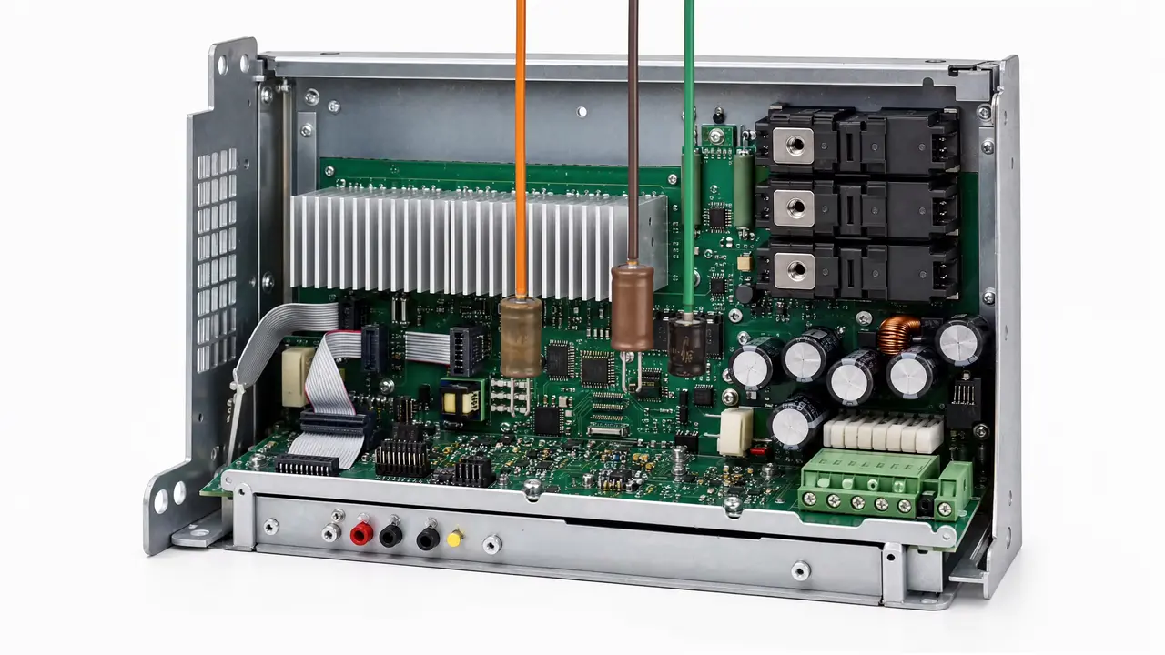 Failed capacitors and MOSFET being replaced on a servo drive board